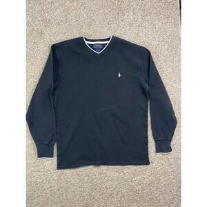 Vtg Polo Ralph Lauren Shirt Mens Large Black Cotton Thermal Waffle Knit V-Neck